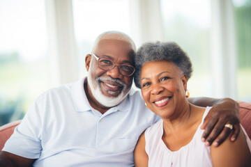 Obraz premium Portrait of a happy, smiling black senior couple at family gathering indoors