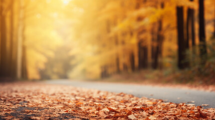 Country Road through Autumn Forest, Thanksgiving background, wide banner with copy space area Generative AI