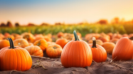 Warmly Lit Pumpkin Patch at Dusk, Thanksgiving background, wide banner with copy space area Generative AI
