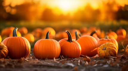 Naklejka na ściany i meble Warmly Lit Pumpkin Patch at Dusk, Thanksgiving background, wide banner with copy space area Generative AI