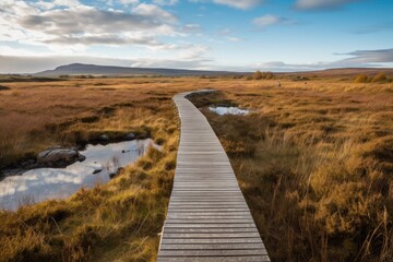 A wooden walkway leads to a far horizon with a beautiful sky in Mountain Park.