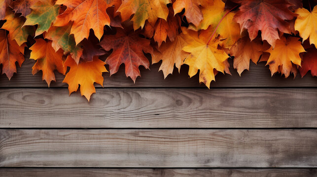 Fall Leaves Bordering a Wooden Fence, Thanksgiving background, wide banner with copy space area Generative AI