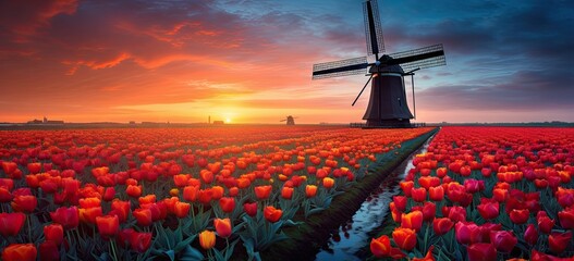 windmill on the red tulips in holland Generative AI - obrazy, fototapety, plakaty