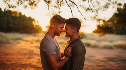 Heartwarming two guys deeply in love standing close together at the sunset hill.