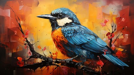  a painting of a blue bird sitting on a tree branch.  generative ai