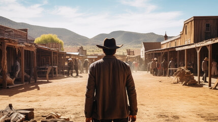 Back view of cowboy is walking, western movie scene in wild west town. Generative AI - obrazy, fototapety, plakaty
