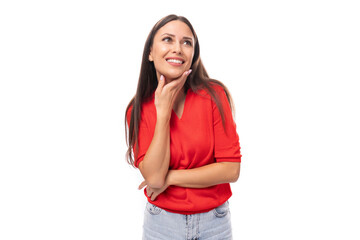 pretty caucasian woman with black hair wearing red blouse with v-neck isolated on white background with copy space