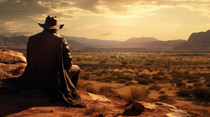 Back view of cowboy is sitting, western movie scene in wild west town. Generative AI - obrazy, fototapety, plakaty