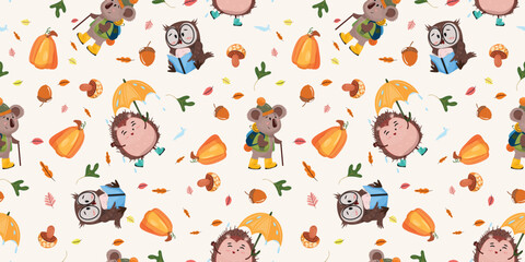 Autumn seamless pattern with koala, owl and hedgehog enjoying the autumn