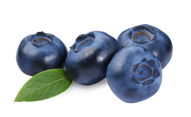 Many fresh ripe blueberries and leaf isolated on white