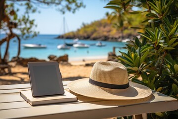 Man in hat rests on beach, holds tablet with white blank display Generative AI