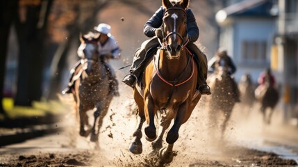 Two jockeys compete to win the race. Horse racing.
