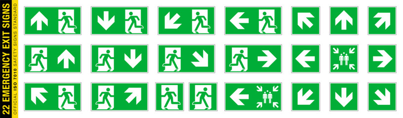 Full set of 22 isolated Emergency exit symbols on green rectangle board. Official ISO 7010 safety signs standard - obrazy, fototapety, plakaty