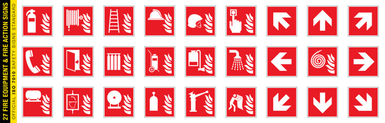 Full set of 27 isolated Fire equipment and Fire action signs on red board. Official ISO 7010 safety signs standard.