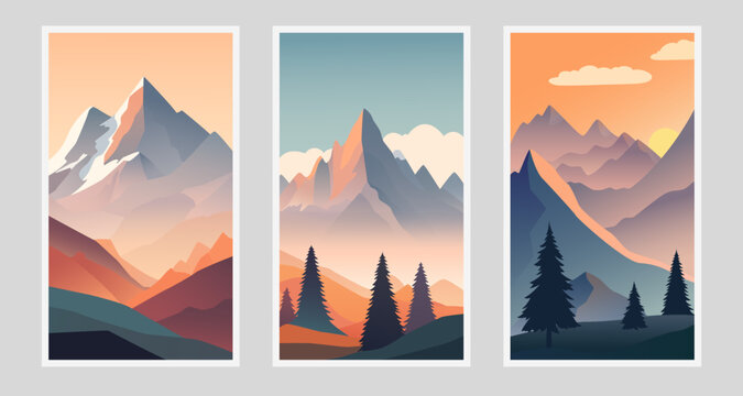 Modern flat mountains posters. Gradient and geometric shapes.