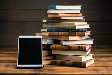 Tablet and books placed on clean white backdrop in harmonious arrangement Generative AI