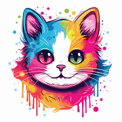 Cat t-shirt design graphic, cute happy kawaii style, colorful, clear outline, vector, contour