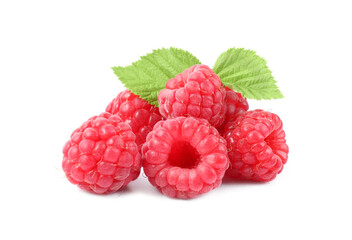 Many fresh ripe raspberries and green leaves isolated on white