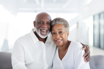 Fototapeta na wymiar Portrait of a happy, smiling black senior couple at family gathering indoors