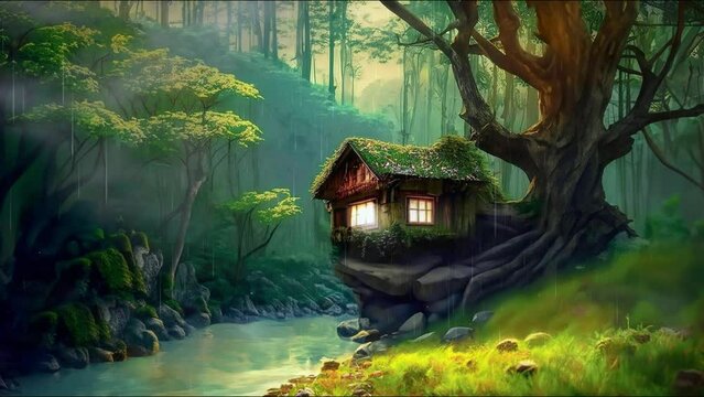 Tree house in a forest with a river in the rain, 4k quality looped video