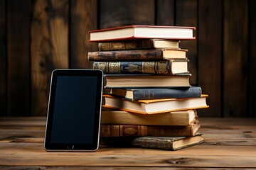 Books and tablet share white space, creating a modern contrasted composition Generative AI