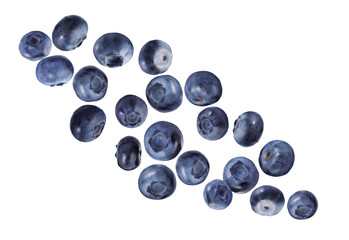 Many ripe blueberries falling on white background