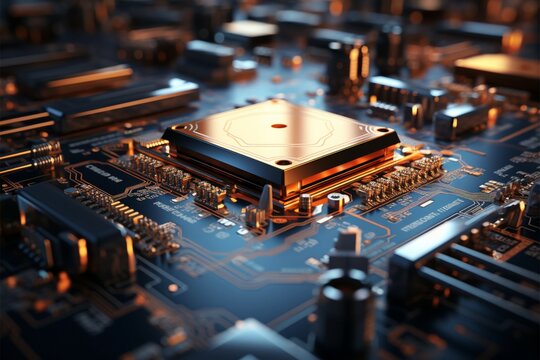 Central processor on circuit board orchestrates intricate electronic pathways and functionalities Generative AI