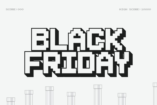 Black Friday banner design on retro gaming background.