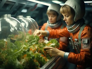 A women astronauts plants a plant on another planet