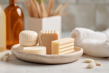Fototapeta na wymiar Natural handmade soap in the bathroom
