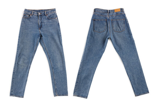 Collage with jeans isolated on white, back and front views