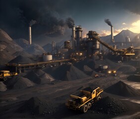 Coal and mineral extraction process from mines with many heavy trucks open pit mine industry