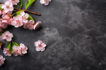 Beautiful sakura branch on black stone background