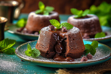 Chocolate lava cake with mint leaf on the table