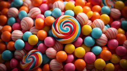 Fototapeta na wymiar a pile of colorful candies with a large lollipop. generative ai
