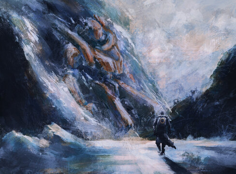 man looking the giant robot wreck , sciene fiction ,digital art, Illustration painting.