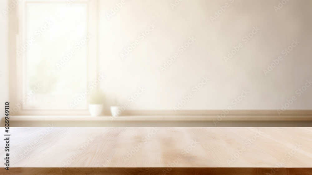 Aufkleber Empty wooden table in front of blurred in front of a large window with slightly blurred background. High quality photo