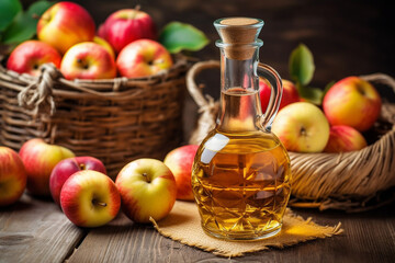 Apple cider in a glass jug and a basket of fresh apples