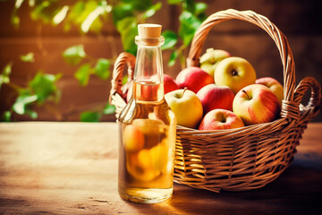 Apple cider in a glass jug and a basket of fresh apples