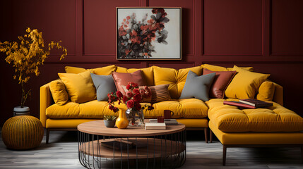 Interior Design Vibrart Mustard Yellow Walls with Rich Burgandy Sofa