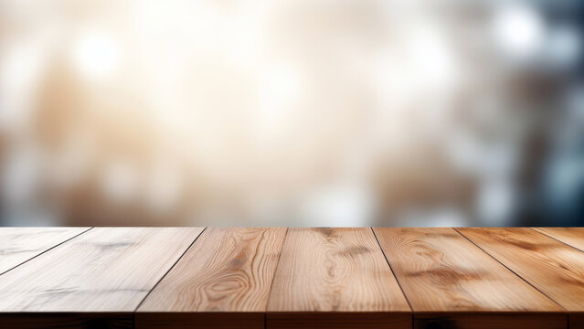 Wooden table top on blurred background. Mock up for display of product. High quality photo