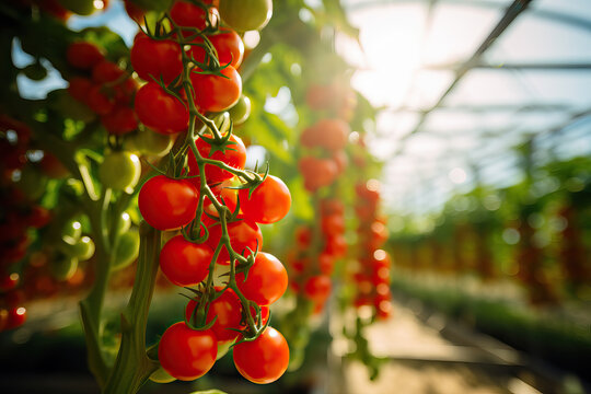 Ripe tomato plant growing in greenhouse. Fresh bunch of red natural tomatoes cherry on a branch in organic vegetable garden. Blurry background and copy space for your advertising text message, ai