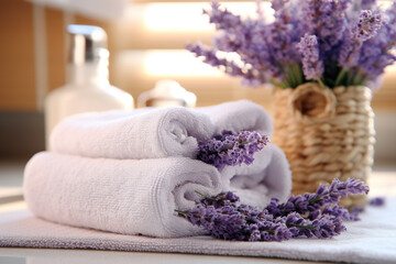 White towels with dry lavender flower in a bathroom