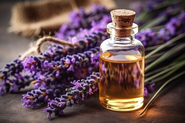 Obraz na płótnie Canvas Essential oil bottle with fresh lavender on wooden background