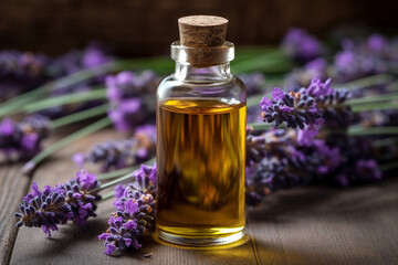 Obraz na płótnie Canvas Essential oil bottle with fresh lavender on wooden background
