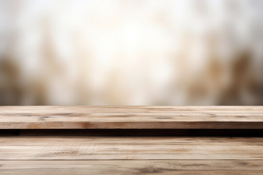 Wooden table top on blurred background, for product display montage. High quality photo