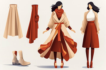 Generative AI illustration of woman model wearing trendy couture winter clothes in minimal vector illustration style.Fashion concept digital art