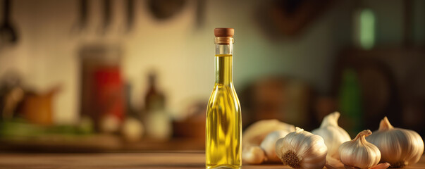 garlic oil in glass of bottle on wooden table 