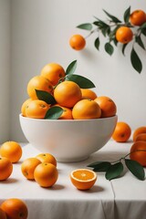 bowl of freshly picked oranges, their vibrant colors contrasting against the stark white background,