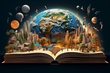 Obraz premium Generative AI book illustration with planet earth, green plants and sustainable forest